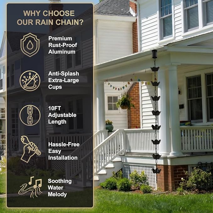 10FT Rain Chain for Gutters, Black Aluminum Daffodil Flower Design, Extra Large Cups to Reduce Splashing, Decorative Downspout Replacement for Outdoor Garden Decor
