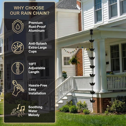 10FT Rain Chain for Gutters, Black Aluminum Daffodil Flower Design, Extra Large Cups to Reduce Splashing, Decorative Downspout Replacement for Outdoor Garden Decor