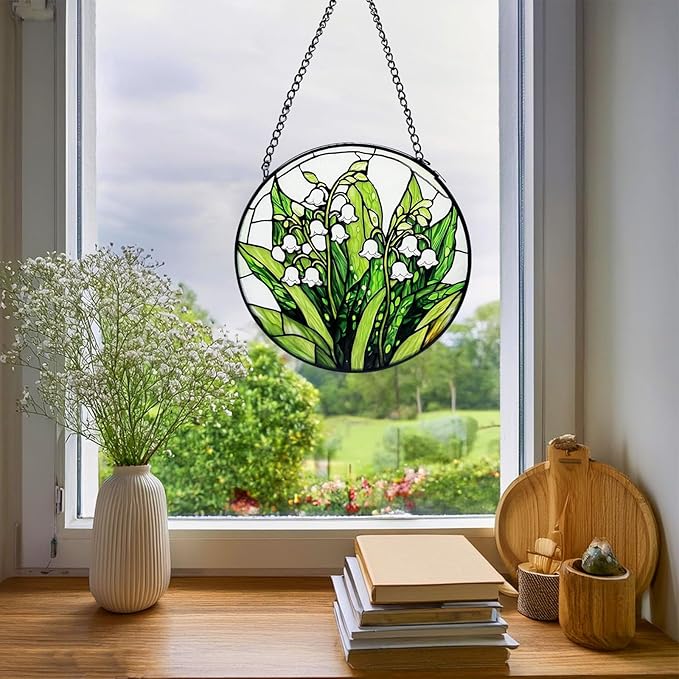 Stained Glass Window Hanging, Lily of The Valley Flower Diamond Glass Panel Suncatcher Green Plant Sun Catchers for Home Garden Balcony Window Decor, Plant Lover Gifts (9.8 Inch)