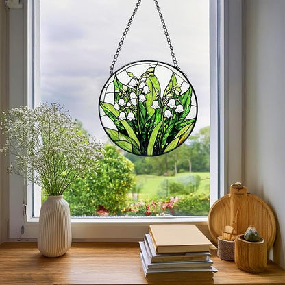Stained Glass Window Hanging, Lily of The Valley Flower Diamond Glass Panel Suncatcher Green Plant Sun Catchers for Home Garden Balcony Window Decor, Plant Lover Gifts (9.8 Inch)