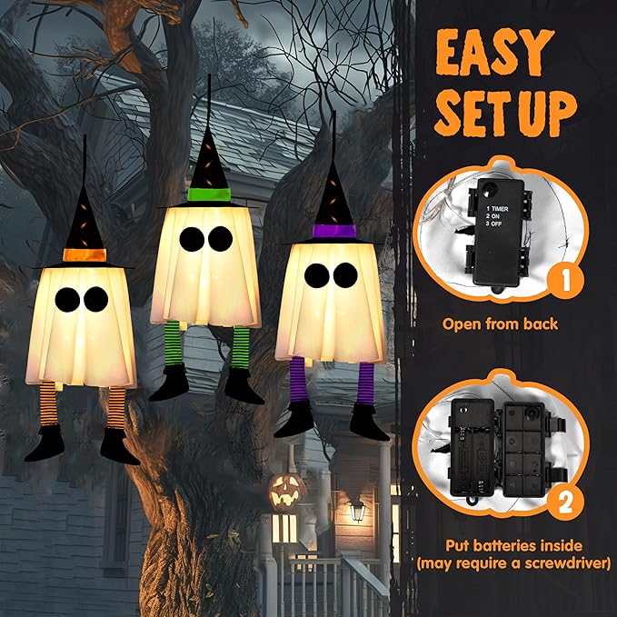 JOYIN 23.6'' 3PCS Halloween Hanging Ghosts Decorations Outdoor, Warm Light Up Ghosts Tree Decor with Witch Hat & Timer, Glowing Halloween Decorations for Yard Patio Garden Outside Haunted House Party