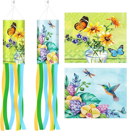 NOVWANG 2 Pieces 40 Inches Windsock, Butterfly Sunflower Wind Socks for Outside Decor Hanging Flag for Home Garden Yard Wall Balcony Decoration