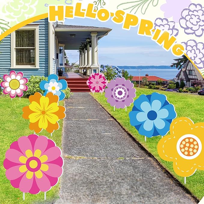 Amyhill 12 Pcs Spring Flower Yard Signs Decoration for Outdoor Floral Garden Lawn Signs with Stakes Waterproof Hello Spring Decor for Easter Festive Holiday Party Patio Lawn Walkway Decorations