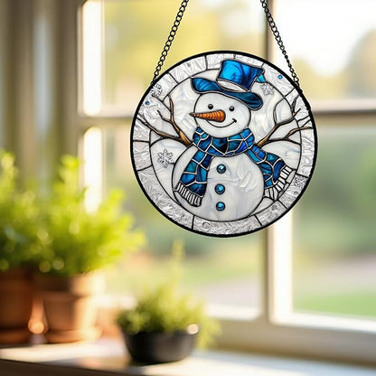 DASTOLL Stained Glass Window Hanging Christmas Snowman Blue White Large 15" - Suncatcher Door Garden Sun Catcher Home Decor Birthday Mother's Day Xmas Gift for Mom Men Woman Her Nana Parents Girl