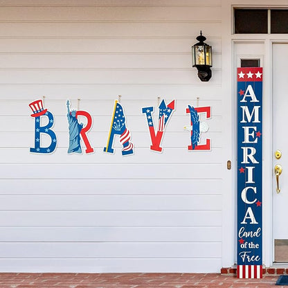 Glitzhome 43.2"H Metal Patriotic BRAVE Garden Yard Stake, Set of 5 American National Day Yard Sign Wall Decor for USA Patio Lawn Porch 4th of July Indoor Outdoor Decorations