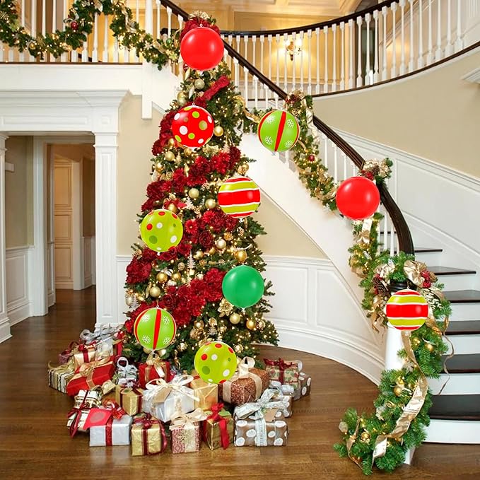 24 Pcs 7.5 Inch Christmas Inflatable Ball 6 Style Outdoor Hanging Ornament Blow Up Xmas Inflatable Ornament PVC Christmas Decoration Ball for Yard Lawn Porch Garden Front Door Holiday Decor(Red&Green)