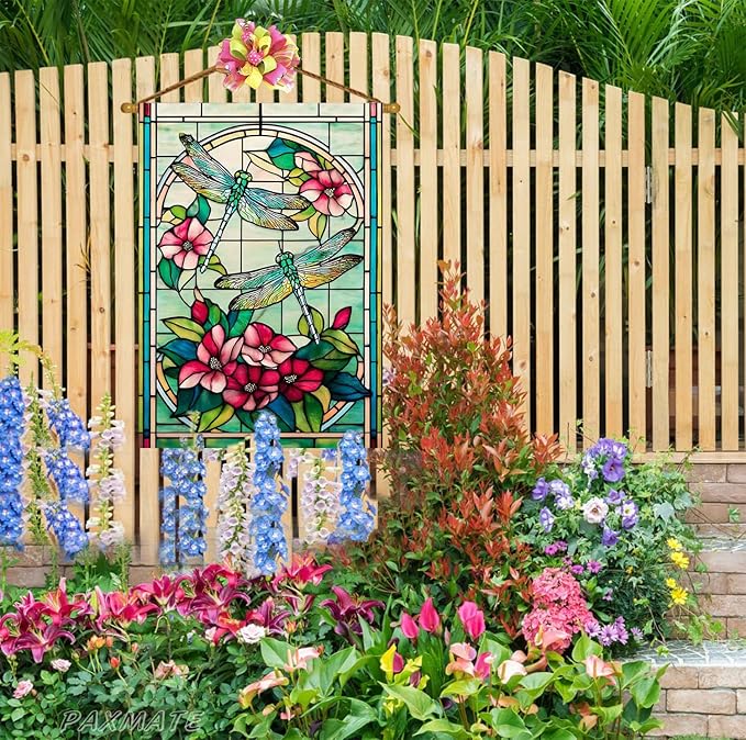 Spring Summer Dragonfly House Flag 28x40 Inch Double Sided, Stained Glass Dragonfly Floral Outdoor Flag Colorful Flower Large Yard Flag Seasonal Lawn Porch Farmhouse Decor