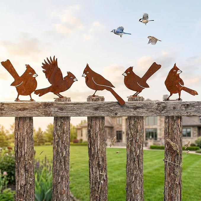 5PCS Rusty Metal Cardinal Silhouettes Outdoor Garden Statues, Rustic Bird Yard Art for Fence Patio, Spring Garden Ornaments (Vintage Rusted Finish, Not Defects)
