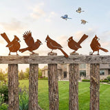 5PCS Rusty Metal Cardinal Silhouettes Outdoor Garden Statues, Rustic Bird Yard Art for Fence Patio, Spring Garden Ornaments (Vintage Rusted Finish, Not Defects)