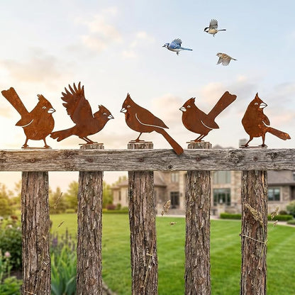 5PCS Rusty Metal Cardinal Silhouettes Outdoor Garden Statues, Rustic Bird Yard Art for Fence Patio, Spring Garden Ornaments (Vintage Rusted Finish, Not Defects)