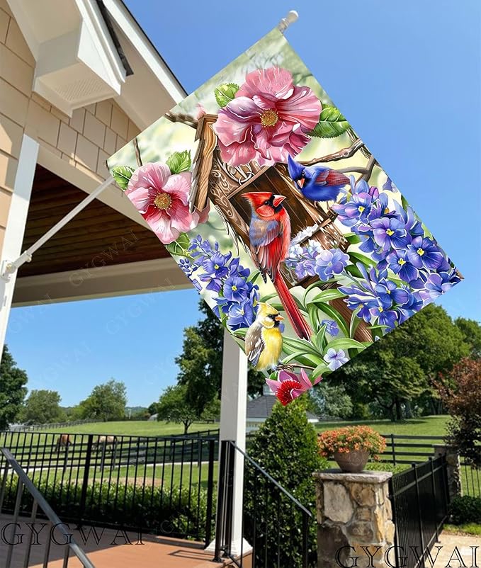 Spring Cardinal Bird House Flag 28x40 Inch Double Sided for Outside, Colorful Floral Large Burlap Yard Flag for Farmhouse Holiday Outside Outdoor Decorations