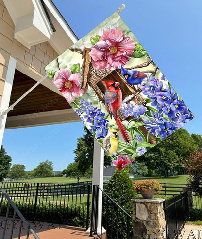 Spring Cardinal Bird House Flag 28x40 Inch Double Sided for Outside, Colorful Floral Large Burlap Yard Flag for Farmhouse Holiday Outside Outdoor Decorations