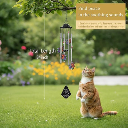 HDCRYSTALGIFTS 34'' Butterfly Wind Chimes Outdoor Large, Butterflies Aluminum Tube Memorial Windchime for Outside with S Hook,Patio Home Garden Decor, Sympathy Gifts for Loss of Loved One