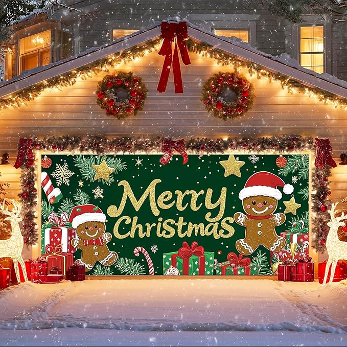 IVN Merry Christmas Garage Door Banner 13x6ft Festive Backdrop Gingerbread Cookie Gifts Green Photo Prop Background for Joyful Holiday Yard Door Cover Background Outdoor Winter Scene