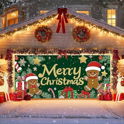 IVN Merry Christmas Garage Door Banner 13x6ft Festive Backdrop Gingerbread Cookie Gifts Green Photo Prop Background for Joyful Holiday Yard Door Cover Background Outdoor Winter Scene