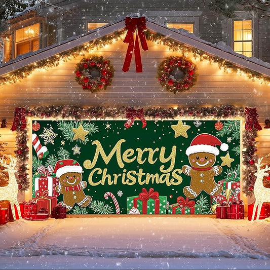 IVN Merry Christmas Garage Door Banner 13x6ft Festive Backdrop Gingerbread Cookie Gifts Green Photo Prop Background for Joyful Holiday Yard Door Cover Background Outdoor Winter Scene
