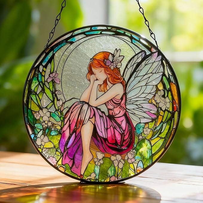 Flower Fairies Stained Glass Window Hanging,Suncatcher Hanging Decor for Indoor Outdoor Windows Yard Garden Decor Home Decorations Wall Art, Gift for Girls Mom Grandma Teacher