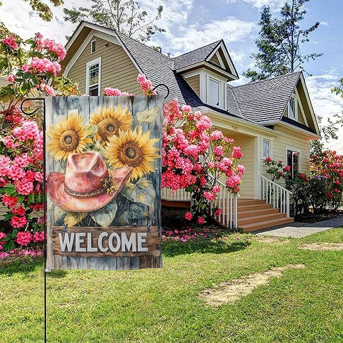 Welcome Cowgirl Sunflower Garden Flags 12×18 Inch Double Sided Decorative Yard Banner Seasonal Flag for Outdoor Outside Decor