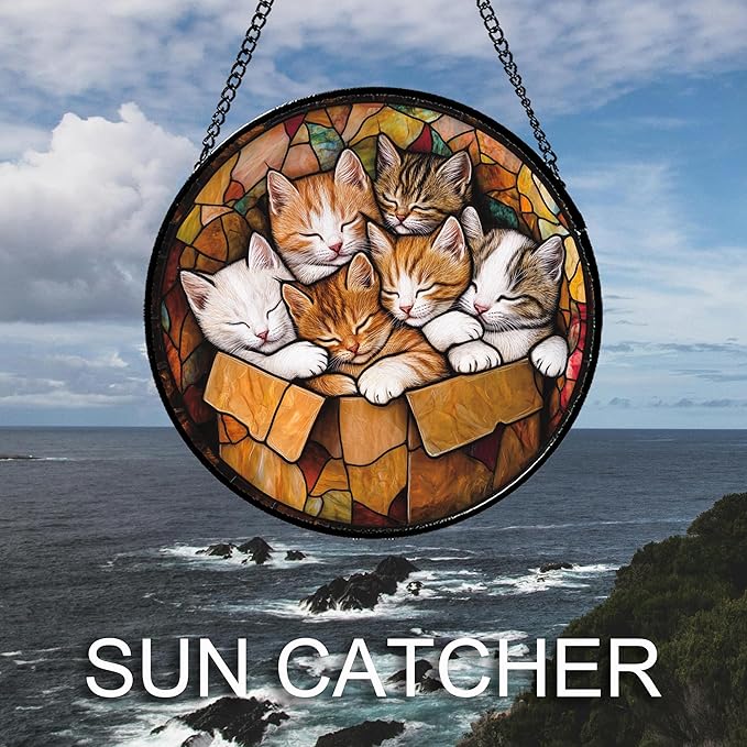 Stained Glass Window Hanging 6 Cute Kittens Large 11.8" - Cat Gift Suncatcher Door Sun Catcher Decor Birthday Christmas for Lost Pets Mom Men Woman Friend