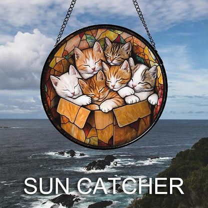 Stained Glass Window Hanging 6 Cute Kittens Large 15" - Cat Gift Suncatcher Door Sun Catcher Decor Birthday Christmas for Lost Pets Mom Men Woman Friend