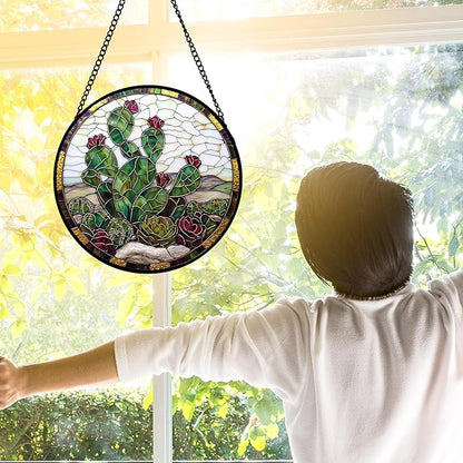 DASTOLL Stained Glass Window Hanging,Green Cactus Purple Flowers Suncatcher Diamond Glass Panel Sun Catchers Decor for Birthday for Women, Men, Wife, Aunt, and Mom 9.8 in