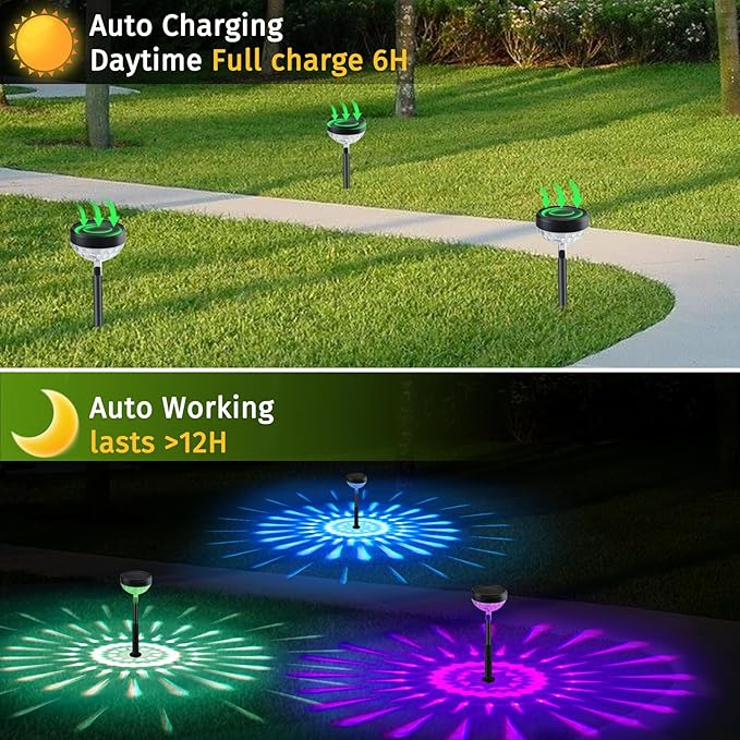JNOEC 6Pack Solar Pathway Lights Outdoor, Color Changing+8 Fixed Color (Warm White, Cool White, Colored) Solar Lights Outdoor, Bright Solar Powered Garden Light