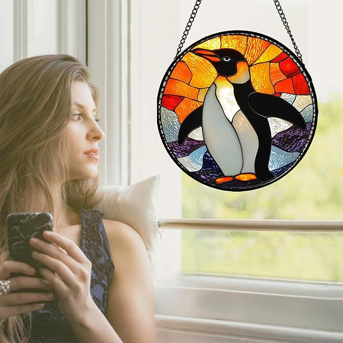 Stained Glass Window Hanging - Cute Penguin Suncatcher for Doors Garden Patio Sun Catchers Decor Christmas Mother's Day Birthday Teenager Gifts for Women Men Mom Nana Friend 6.3 in