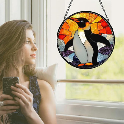 Stained Glass Window Hanging - Cute Penguin Suncatcher for Doors Garden Patio Sun Catchers Decor Christmas Mother's Day Birthday Teenager Gifts for Women Men Mom Nana Friend 7.8 in