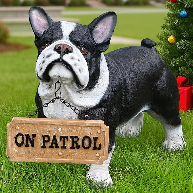 Playful Standing French Bulldog Sculpture with Solar Lantern & Double-Sided 'On Patrol' and 'Welcome' Signposts – Whimsical Resin Statue for Garden, Yard, and Patio