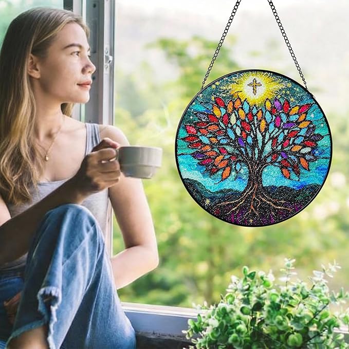 Stained Glass Window Hanging Tree of Life Sun Catcher Indoor, Window Garden Decor Art, Stained Glass Suncathers, Christian Gifts for Women,Mom, Grandma,Friends and Wife Gifts 7.8’’ Blue
