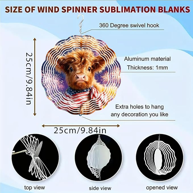 Wind Spinners Cow Fireworks Red White Blue Art 9.8 x 9.8 Inch Metal Wind Spinner Outdoor Garden Decor Festive Illustration Decorative Wind Spinners for Yard Patio