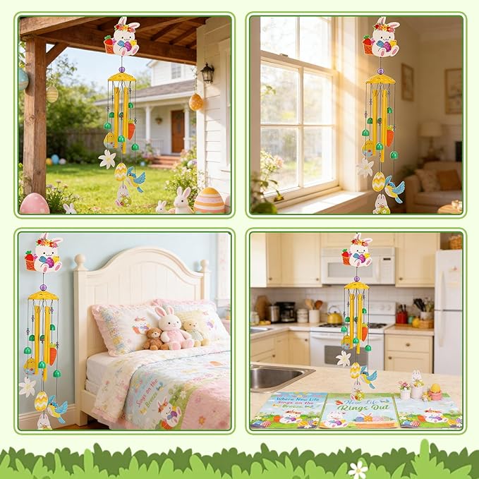 Spring Summer Wind Chimes for Outside, Bunny Floral Pattern Metal Wind Chime with Gift Box, Ideal for Porch Garden Patio Decor