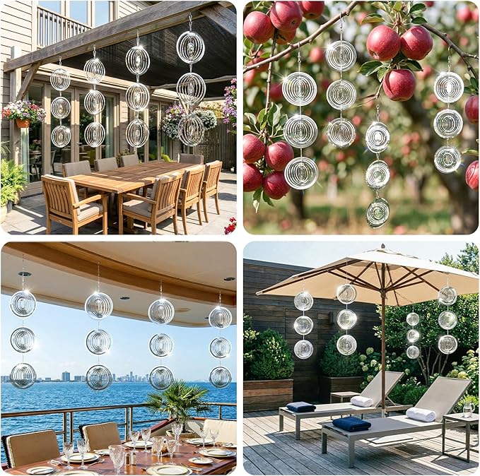 Stainless Steel Wind Spinners Outdoor, 12PCS 3D Mirror Reflective Hanging Decor with 360° Swivel Hooks, Garden Patio Yard Wind Chimes, Reflective Design Helps Keep Birds Away