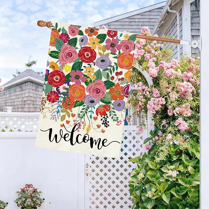 Baccessor Spring Summer Welcome House Flag Double Sided 28x40 Inch Burlap,Floral Flowers Large Garden Flag Porch Patio Front Entry Yard Seasonal Farmhouse Outside Outdoor Decor
