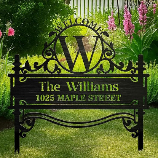 Personalized House Signs for Outside Metal Garden Stake Gift for Family - Custom Family's Name Address Signs for Yard Classic Black - Welcome Home Yard Decorations - Monogram Custom Yard Sign