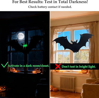 Hanging Bats Halloween Decorations, 12Pcs Halloween Bats with Night Auto-On/Off, Scary Green LED Eyes 3D Bat Wall Decor, Light Up Bat 3 Modes, Outdoor and Indoor Tree Yard Party Decor