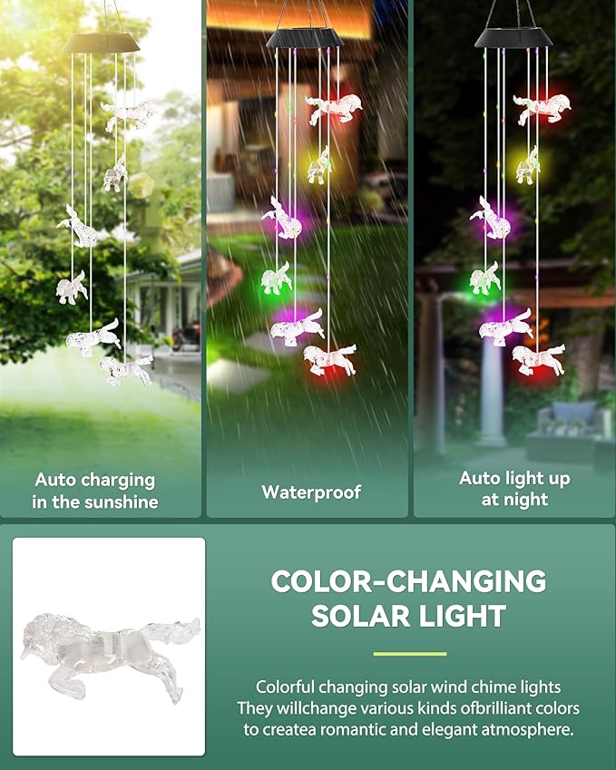 DOUBLEZHE Solar Wind Chimes for Outside, Color Changing Horse Wind Chime Outdoor Clearance, Birthday Gifts for Mom Women Grandma Wife Girls, Unique Garden Decor Colorful Patio Yard Party Decoration