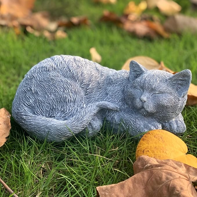 Cat Memorial Stone Garden Decor Outdoor Statue, Figurine Sculpture for Patio, Porch and Lawn, Sleeping Cat Decoration, Gifts for Mom