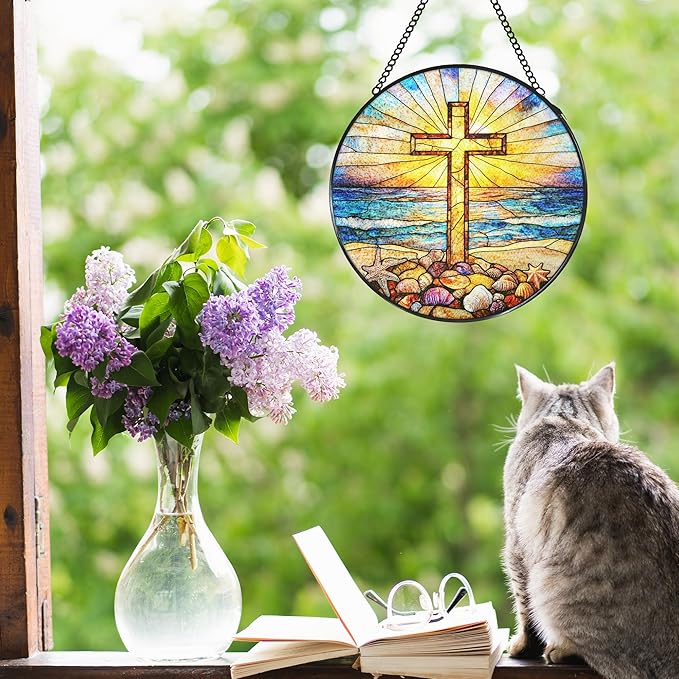 Cross Coastal Stained Glass Window Hanging Suncatcher, Christian Beach Shells Sunset Sun Catcher Indoor Window Decor Gifts, Religious Painted Glass Round Wall Hanging Decorations 7.8x7.8 in