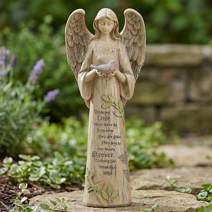 DUSVALLY Angel Resin Statue, Memory Guardian Garden Decor, 10" H Waterproof Outdoor Angel Statue Praying Angel Figurine Sculpture for Lawn & Yard (Holding the Bird)