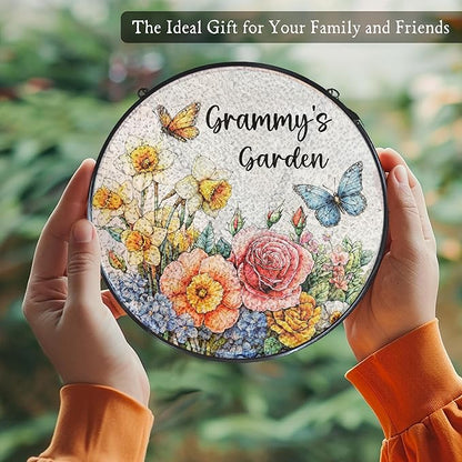 Grammy's Garden Gifts Stained Glass Suncatcher for Grandma from Grandkids, Grammy Grandma Gifts Window Hanging Wall Art Decoration for Mothers Day Christmas Birthday, 7.8 x 7.8 in