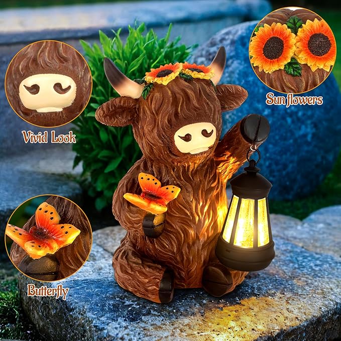 Solar Highland Cow Outdoor Statues for Garden,Outside Decor with Latern for Yard Lawn Ornaments Porch Patio Balcony Home,Birthday Easter Gifts for Grandma Mom Women