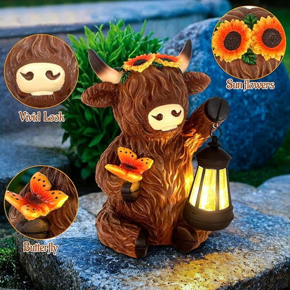 Solar Highland Cow Outdoor Statues for Garden,Outside Decor with Latern for Yard Lawn Ornaments Porch Patio Balcony Home,Birthday Easter Gifts for Grandma Mom Women