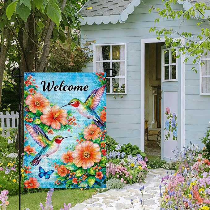 IVN Hummingbird Garden Flag 12x18 Inch – Welcome Floral Outdoor Flag, Double Sided Burlap Spring Summer Yard Flag for Porch Lawn Patio Decor