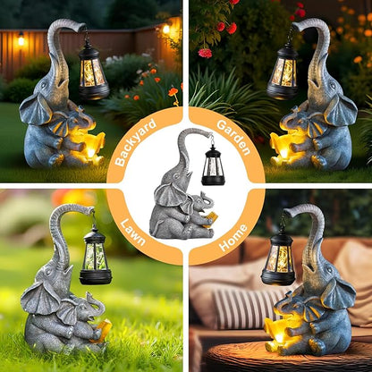 Candieslife Solar Garden Statue Lights Loving Elephants Figurine with Solar Lantern, Outdoor Yard Decorations for Patio Porch Home, Housewarming Elephant Gifts for Mom, Women