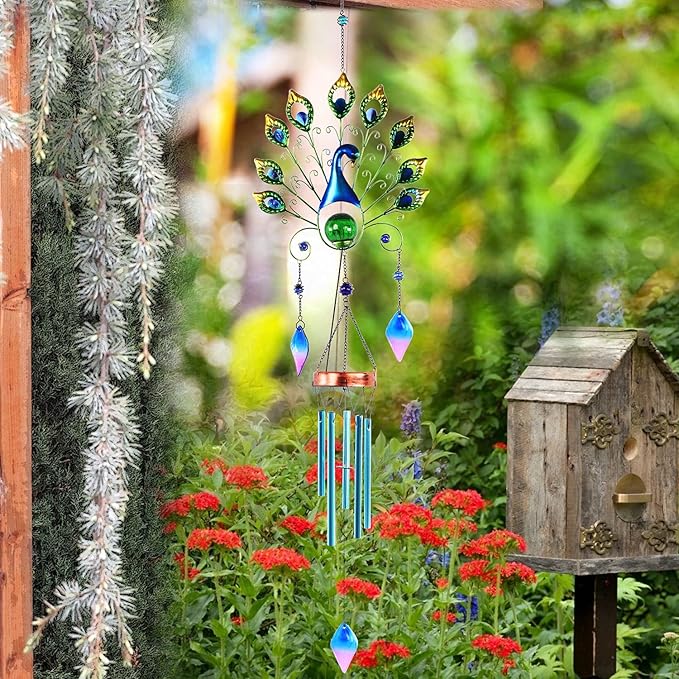 Pearlstar Solar Wind Chimes Outdoor, 53.5" Large Peacock Wind Chimes Light with Crackle Glass Ball, Waterproof Colorful Metal Peacock Wind Chimes for Garden Patio Yard Home Decor Memorial Gift…