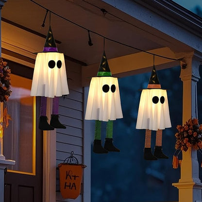 JOYIN 23.6'' 3PCS Halloween Hanging Ghosts Decorations Outdoor, Warm Light Up Ghosts Tree Decor with Witch Hat & Timer, Glowing Halloween Decorations for Yard Patio Garden Outside Haunted House Party
