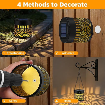 Forlivese 4 Pack Solar Powered Fence Lights, Metal Mandala Solar Lights Outdoor, LED Hanging Solar Lanterns Garden Decor for Yard, Porch, Backyard, Gifts for Mother Grandma, Warm White