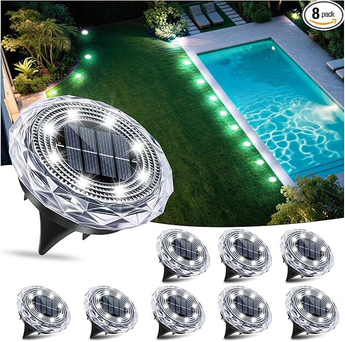 Solar Ground Lights,Solar Disc Light Outdoor Waterproof,Landscape Lighting Garden Lights for Pathway, Yard, Deck, Lawn, Patio, Swimming Pool, Walkway(Cool, 8Pack)