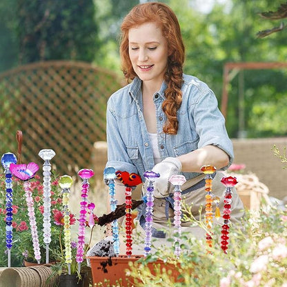 148 PCS Beaded Garden Stakes Kit, DIY Fairy Wand Garden Stake Beads Kits with Assortment Large Hole Beads 6 Crystal Stopper Top Threaded Rods and 3 Colored Small Windmills for Outdoor Indoor Decor